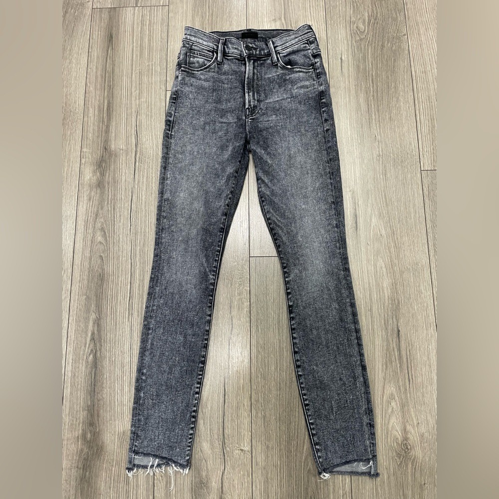 Mother Denim Stunner Zip Ankle Step Fray Jeans Black Train Stops Size 25
